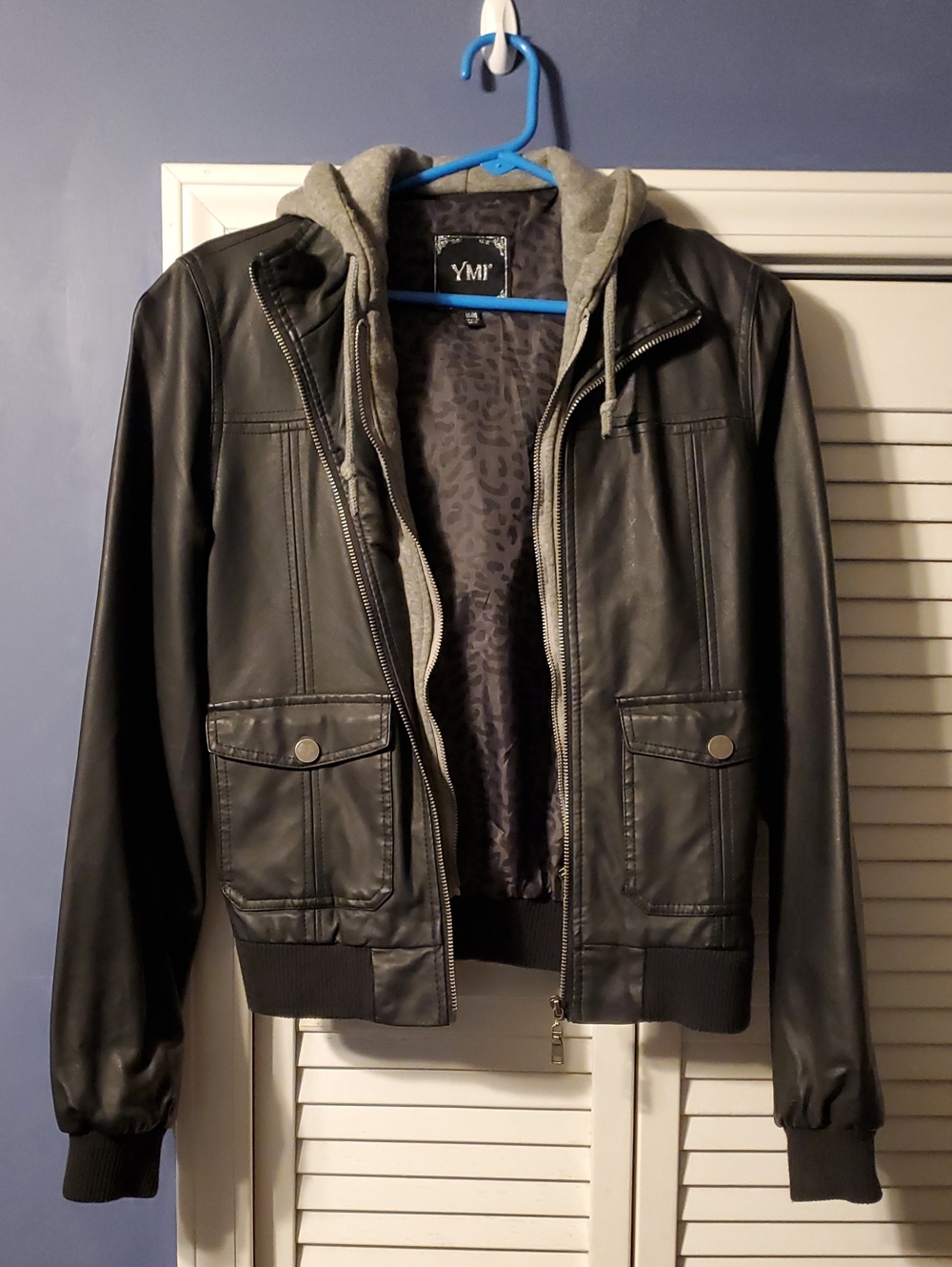 YMI Black Faux Leather Bomber Jacket with Removable Gray Hood
